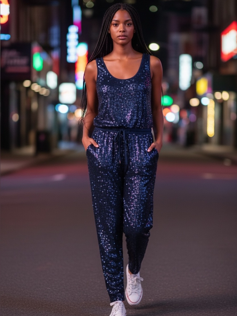 NWT Style Rack Sequin Navy Tank Jumpsuit Sz Medium